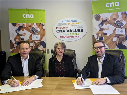 Two men and a woman sitting at a desk signing documents